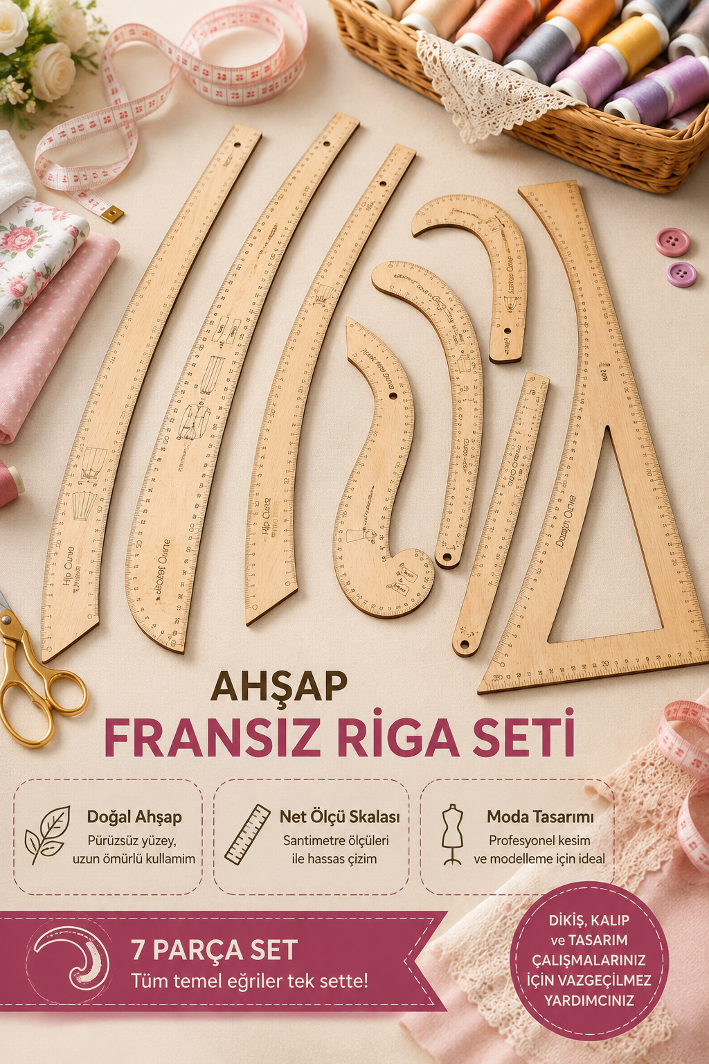 Ahşap Fransız Dikiş Cetvel Seti 7 Adet, Ahşap Riga Seti, Ölçü Baskılı Dikiş Cetveli