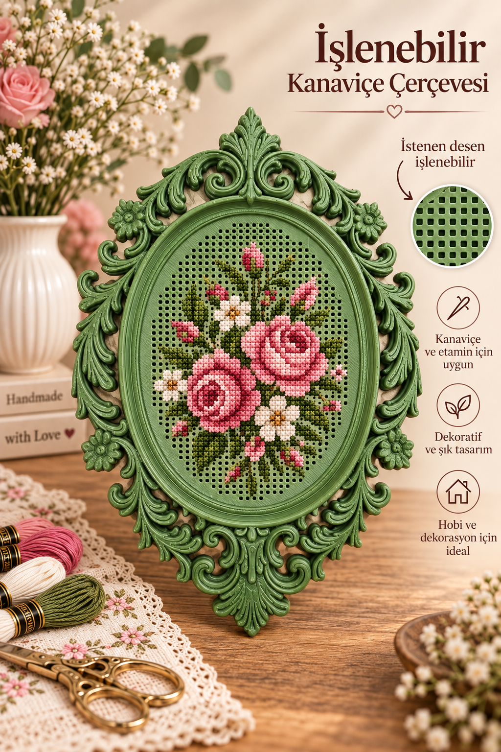 İşlenebilir Kanaviçe Çerçevesi Otantik Yeşil, Dekoratif Nakış Kasnağı 12x8cm