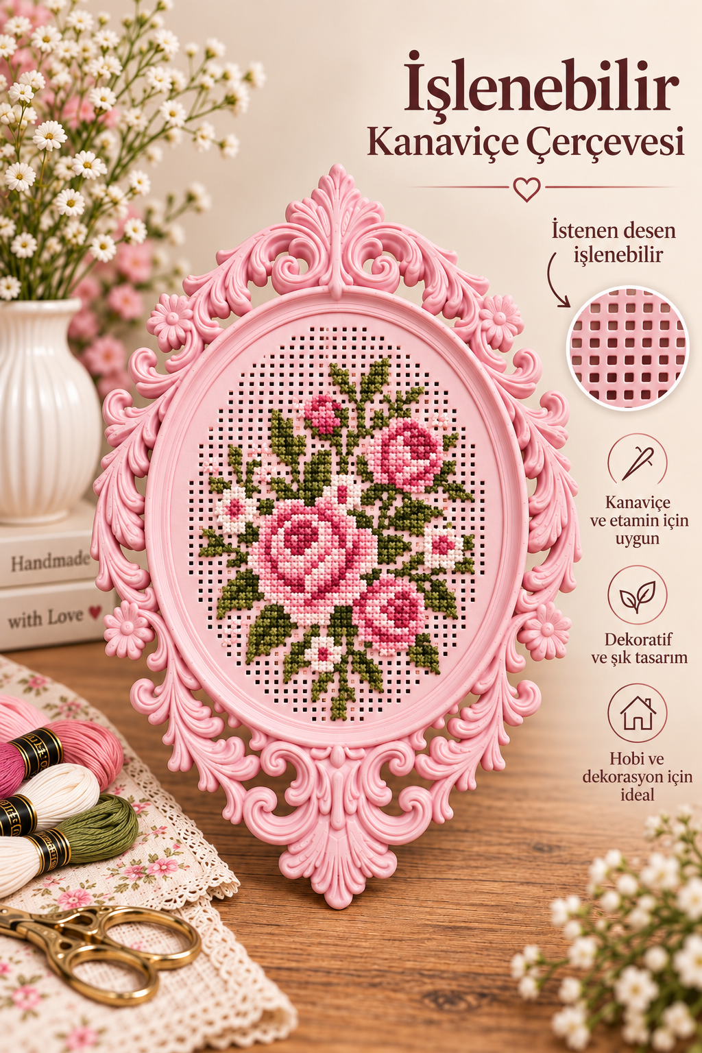 İşlenebilir Kanaviçe Çerçevesi Pembe, Dekoratif Nakış Kasnağı 12x8cm