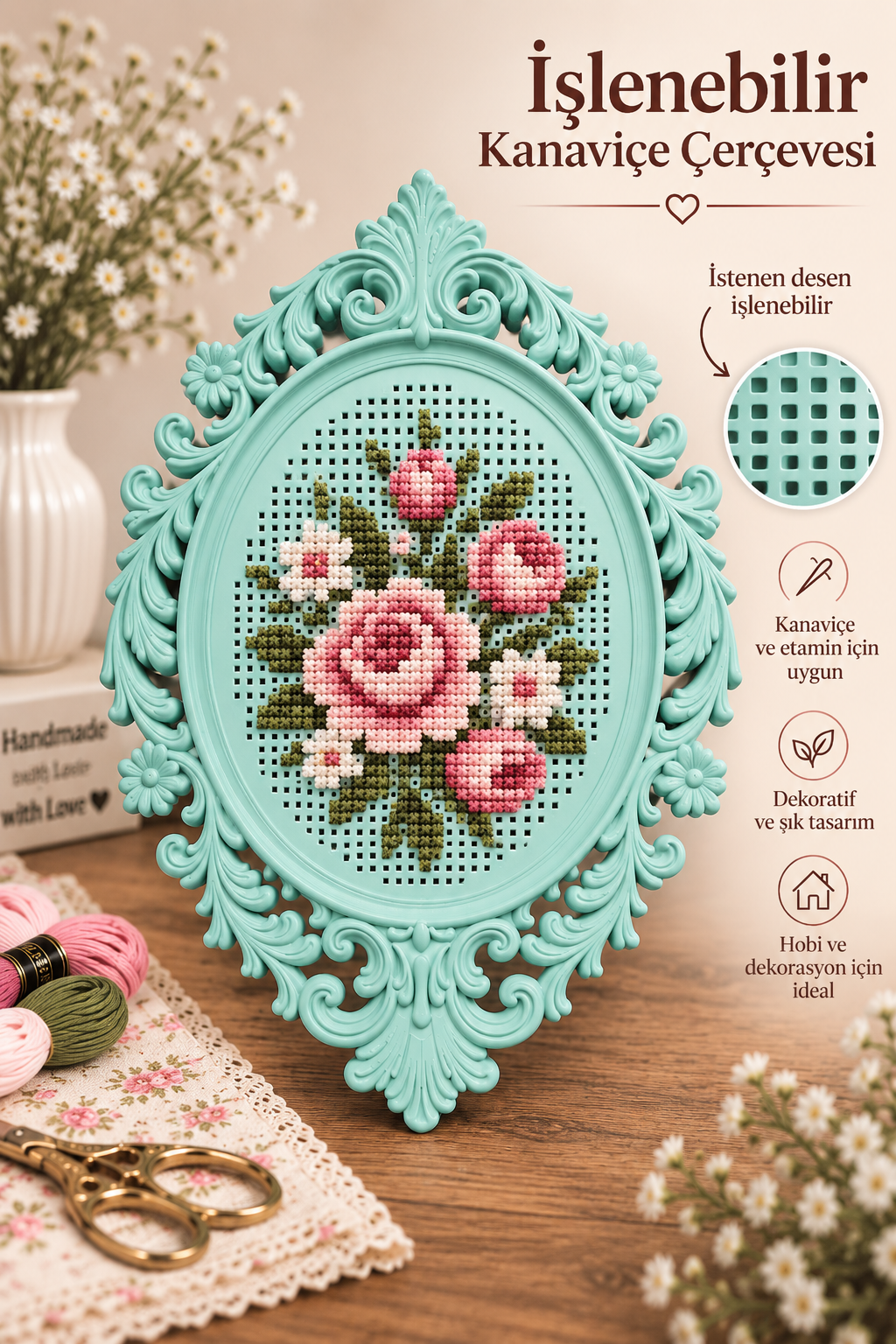 İşlenebilir Kanaviçe Çerçevesi Yeşil, Dekoratif Nakış Kasnağı 12x8cm