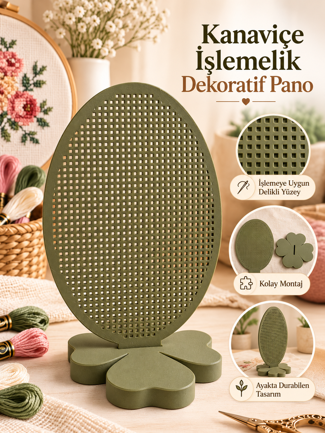 İşlenebilir Kanaviçe Oval Pano Stantlı, Doğal Haki Renk, Yonca Ayaklı Masaüstü Süs