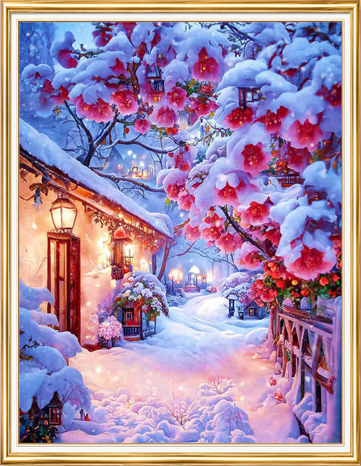 Elmas Boyama Puzzle Kit, Karlı Kiraz Çiçekli Sokak 40x50 cm Mozaik