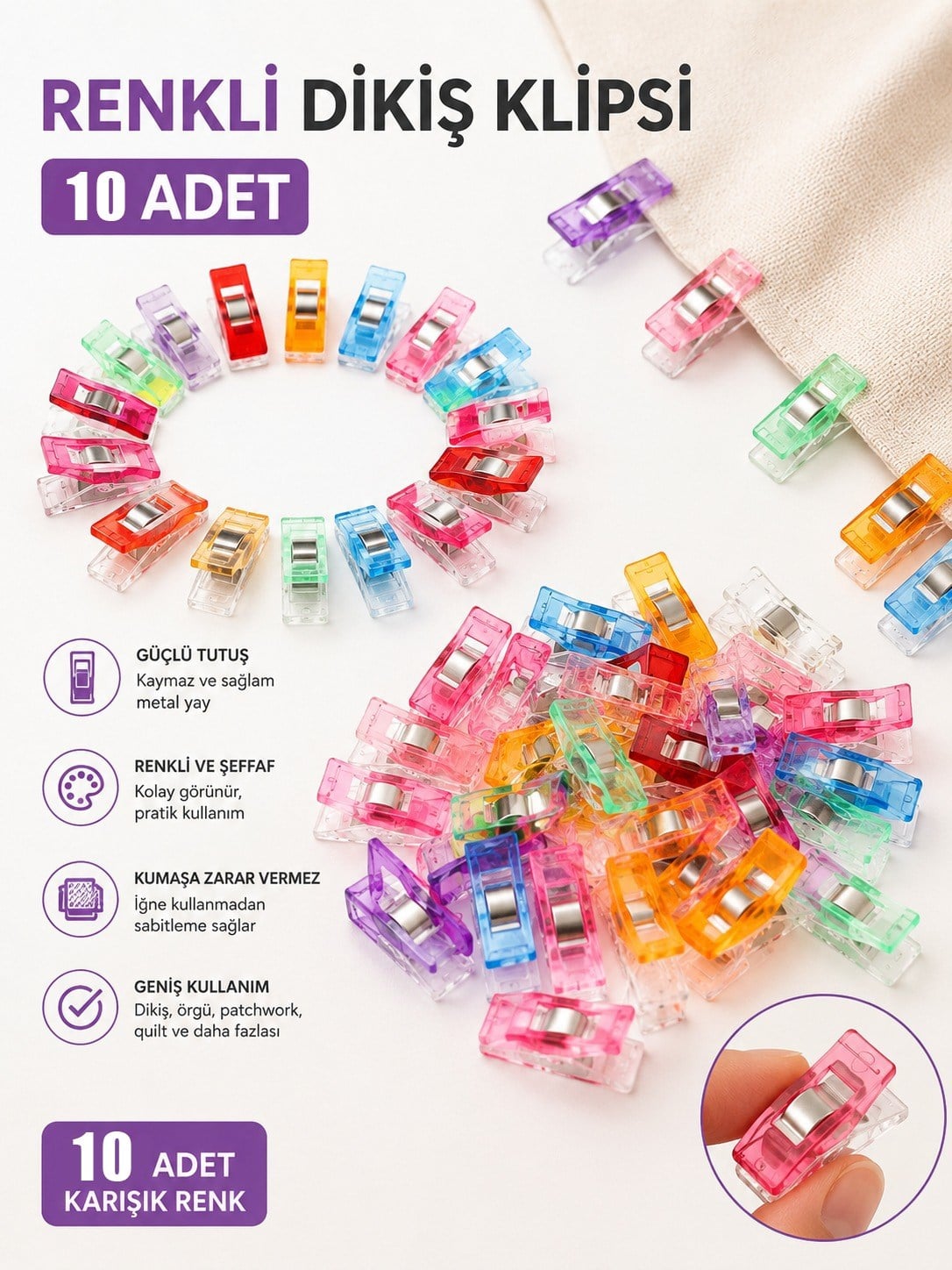 Kumaş Klipsi Küçük Boy 10lu, Kumaş Sabitleme Mandalı, Patchwork Klipsi
