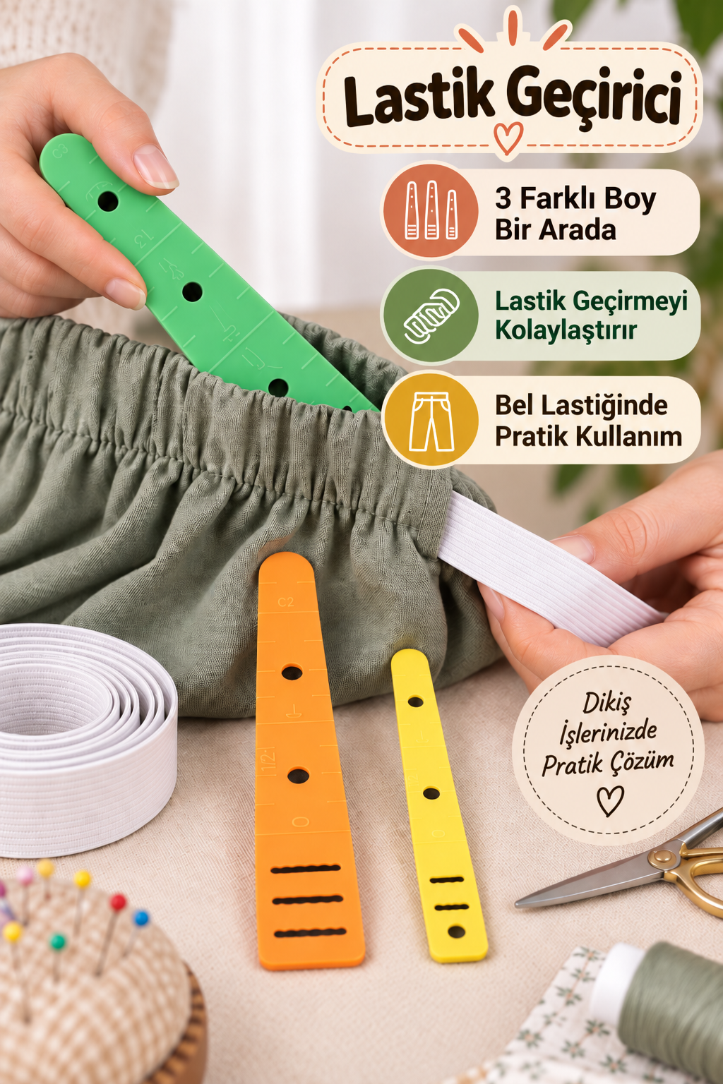 Lastik Geçirici 3 Farklı Boy, Bel Lastiği Geçirme, Kordon Geçirici