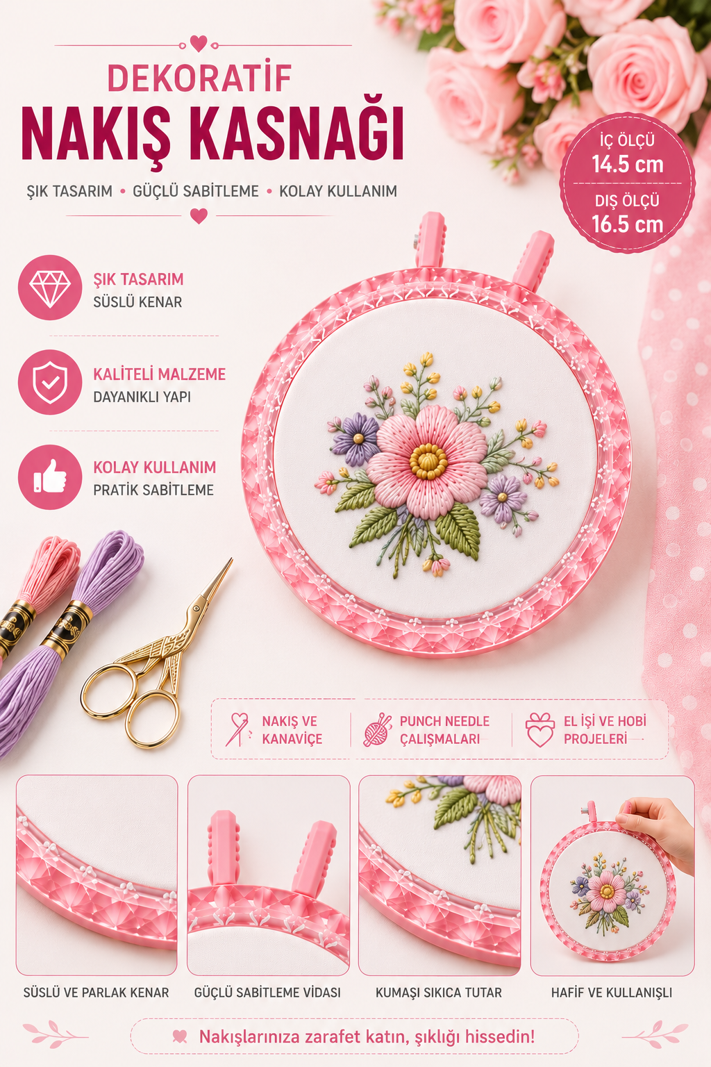 Mandallı Pembe Dekoratif Nakış Kasnağı, Kristal Görünüm - 14.5 cm