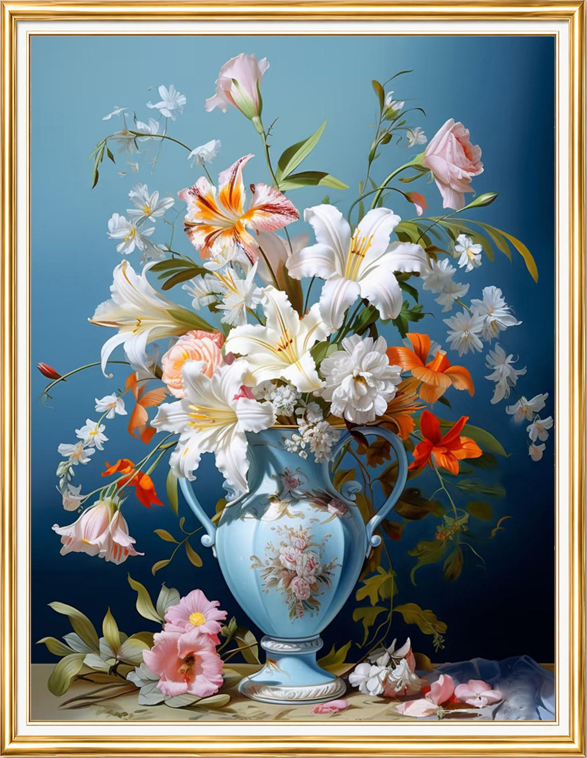 Elmas Boyama Puzzle Kit, Mavi Porselen Vazoda Zambaklar 40x50 cm Mozaik