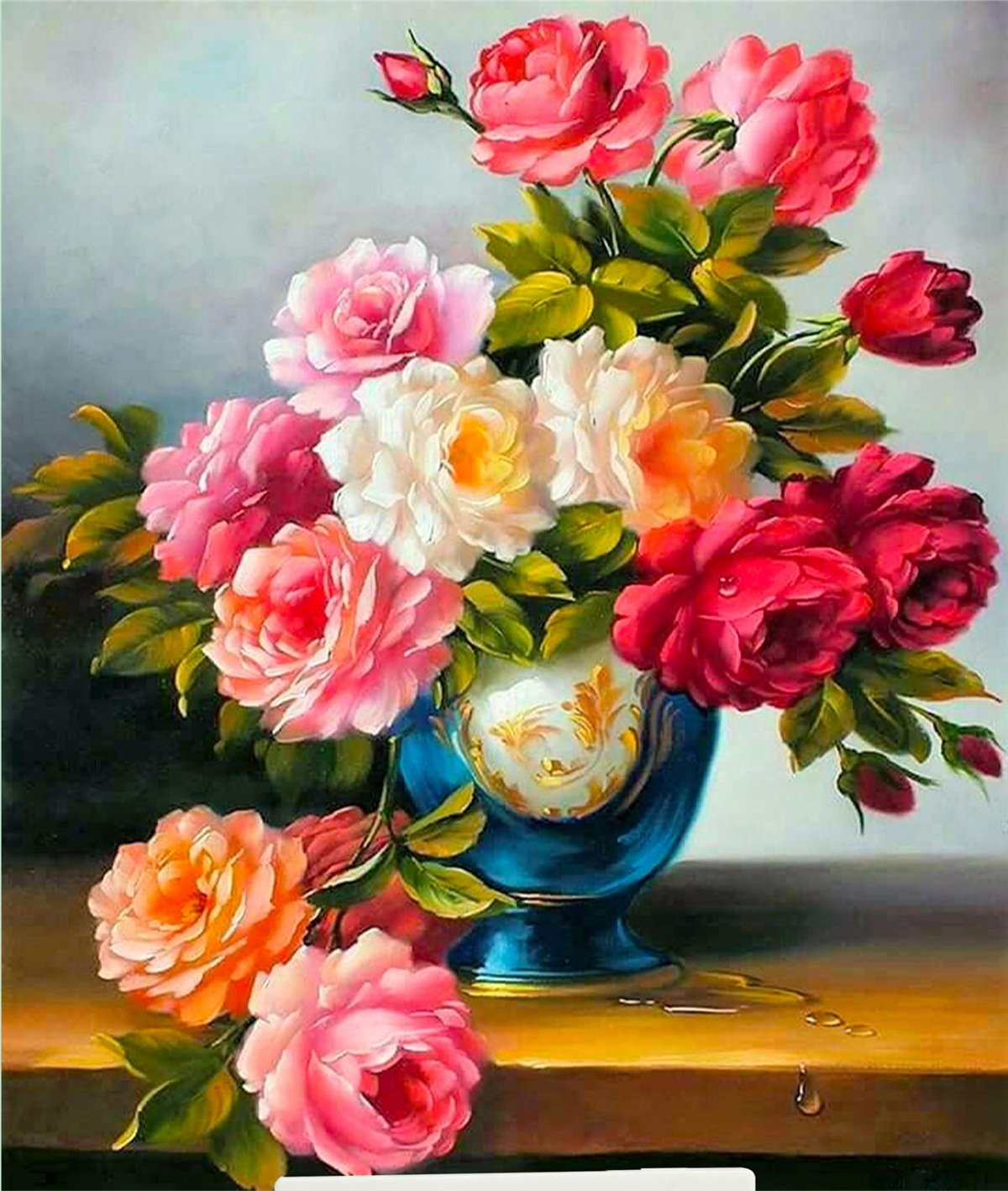 Elmas Boyama Puzzle Kit, Mavi Vazoda Pembe ve Kırmızı Güller 21x25 cm Mozaik