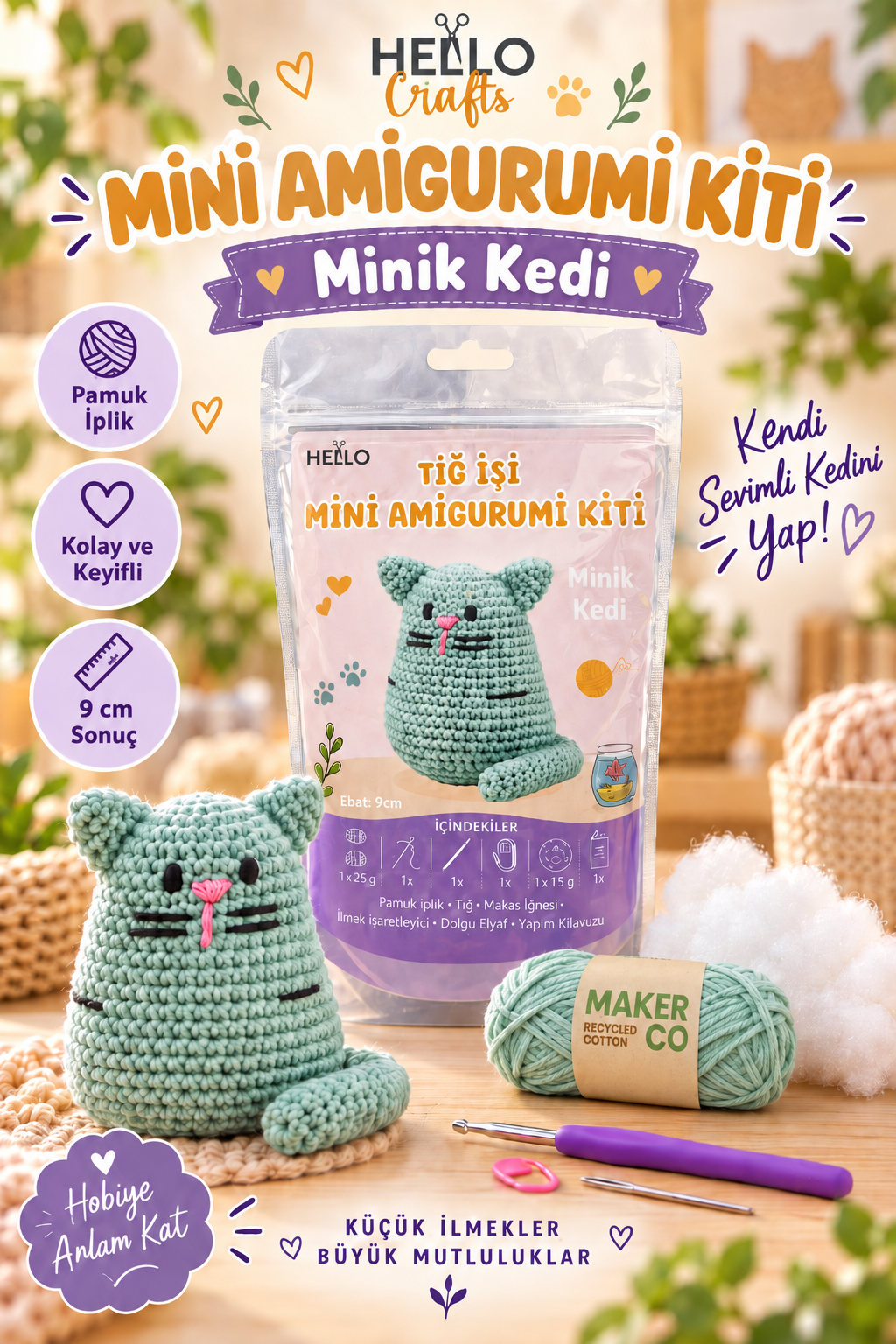 Mini Amigurumi Kiti Minik Kedi, Hello Crafts Pamuk İplikli Amigurumi Seti, 9 cm