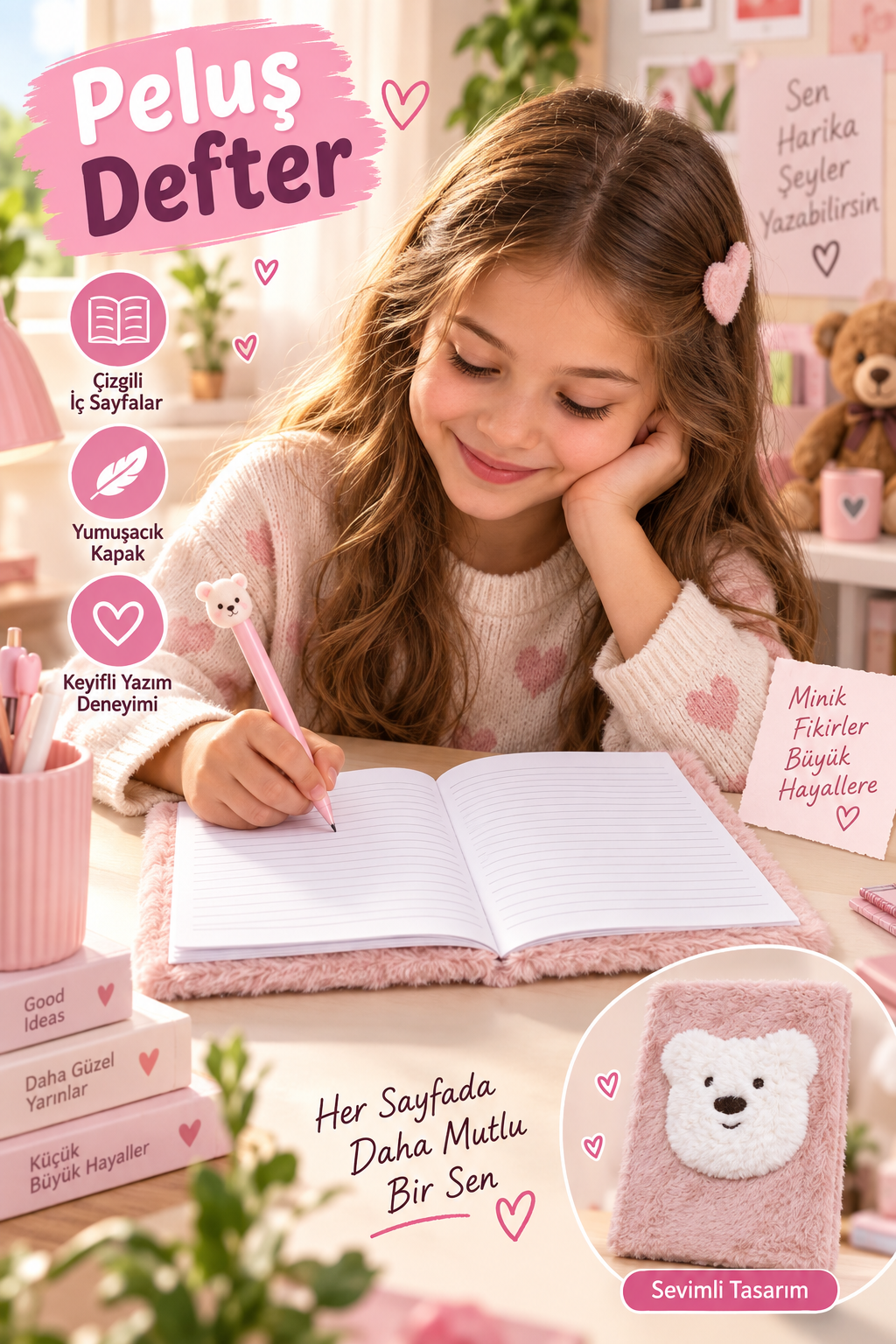 Peluş Defter Çizgili, Ayıcıklı Sevimli Defter