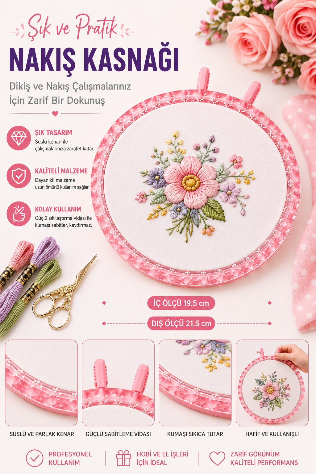 Pembe Dekoratif Nakış Kasnağı - Kristal Görünüm