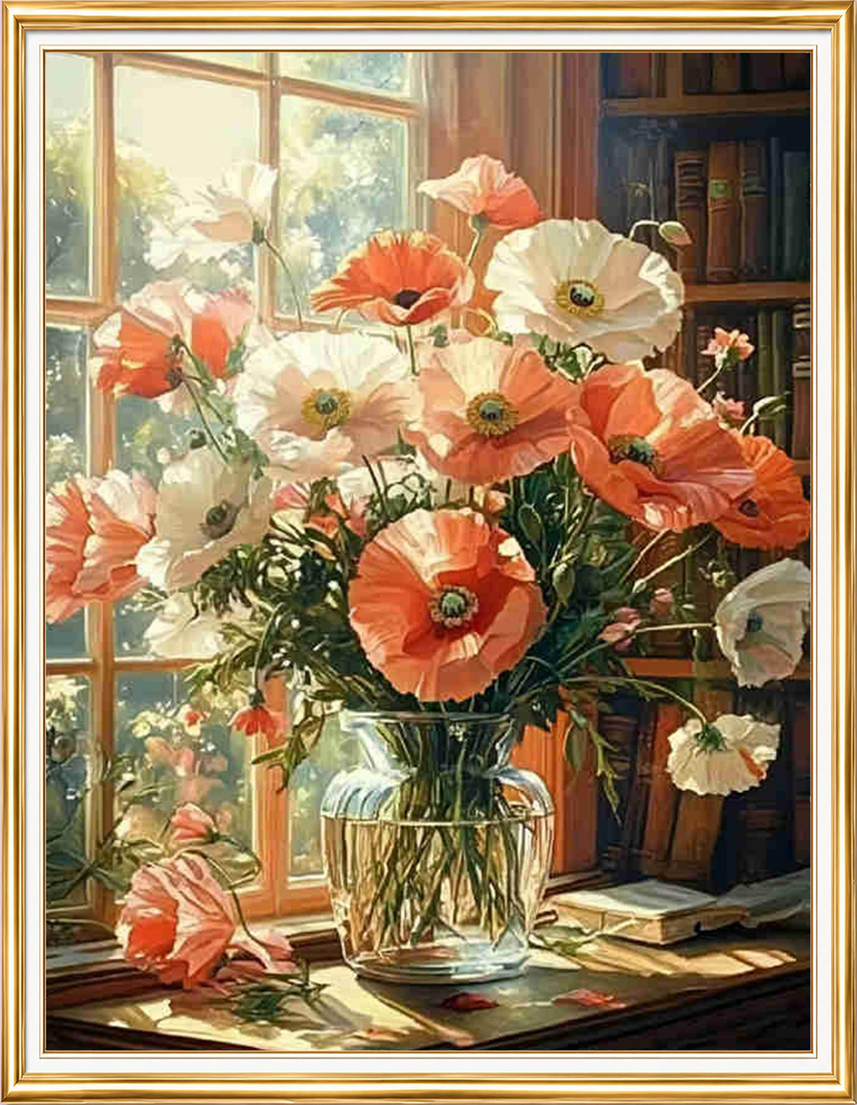 Elmas Boyama Puzzle Kit, Pencere Önünde Gelincikler 40x50 cm Mozaik