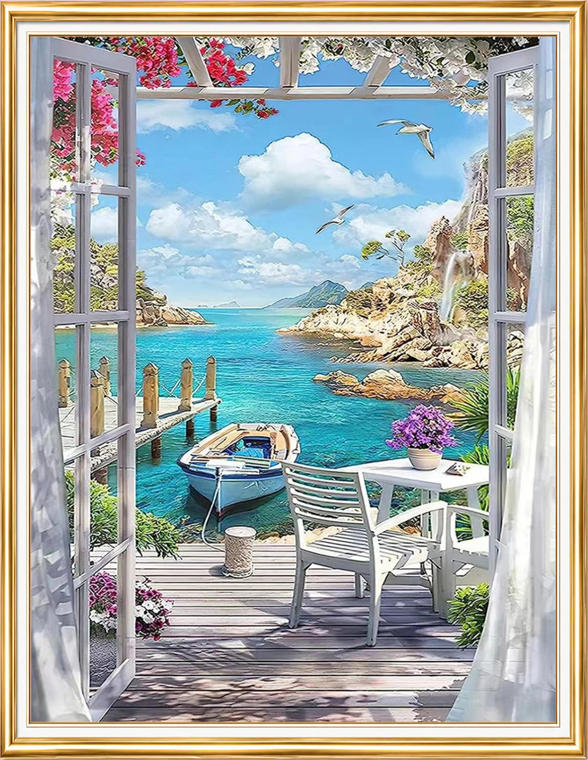 Elmas Boyama Puzzle Kit, Pencereden Deniz Manzarası 40x50 cm Mozaik