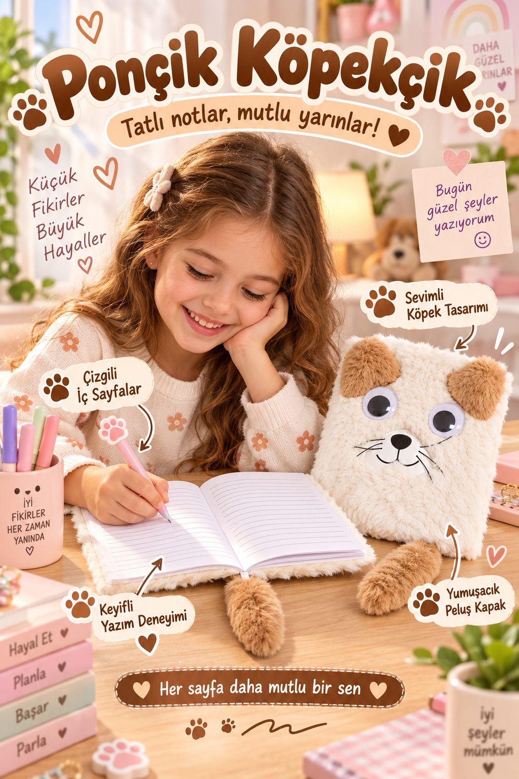 Ponçik Köpekçik Çizgili Peluş Defter, Kuyruklu Ayraçlı, Hareketen Eden Gözler