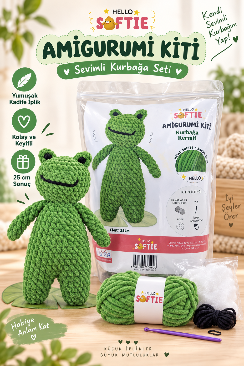 Softie Amigurumi Kiti, Kurbağa Kermit, 25 cm