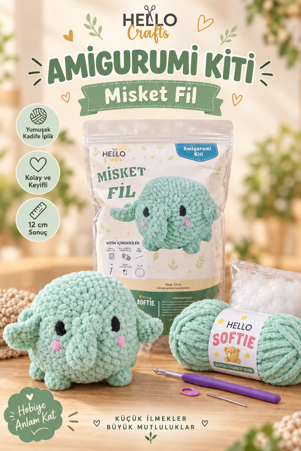 Softie Amigurumi Kiti, Misket Fil, 12 cm
