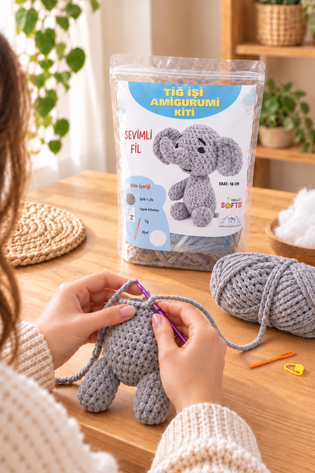 Softie Amigurumi Kiti, Sevimli Fil, 18 cm