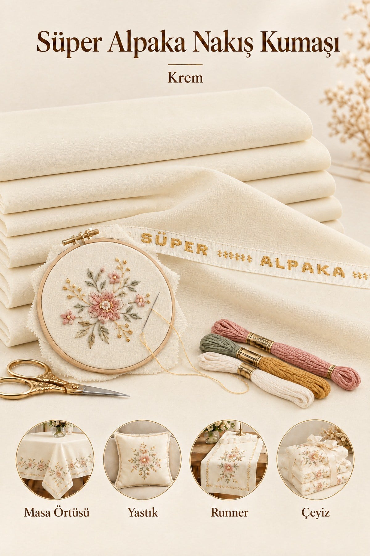 Süper Alpaka Nakış Kumaşı Krem 1 Metre, El İşi, Masa Örtüsü, Runner, Yastık ve Çeyiz Kumaşı