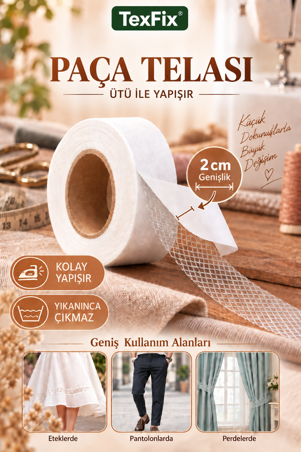 Paça Telası 2cm Eninde 10 metre, Dikişsiz Tadilat Telası, Çift Taraflı Yapışkan Şerit Tela