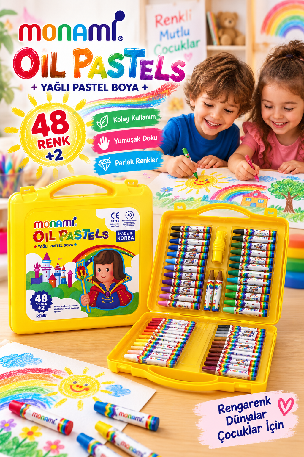 Yağlı Pastel Boya Seti – 48 Renk Kutulu Çocuk Resim Boyama Seti