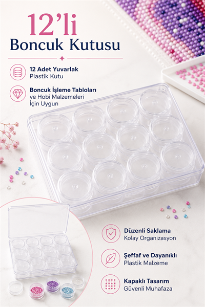 12li Şeffaf Plastik Boncuk ve Hobi Kutusu, Kapaklı Yuvarlak Saklama Organizeri