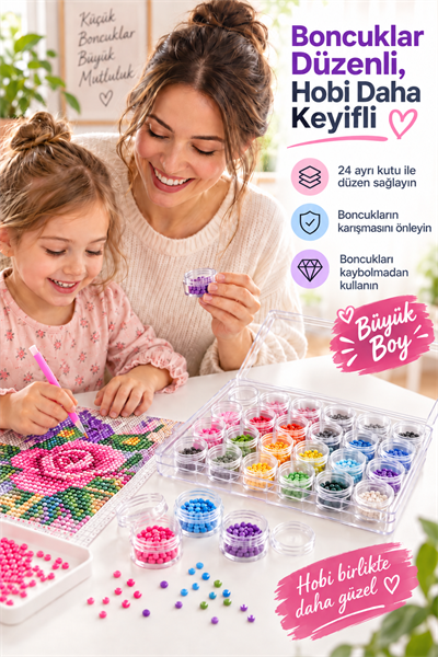24lü Elmas Mozaik Boncuk Kutusu, Kapaklı Yuvarlak Saklama Organizeri