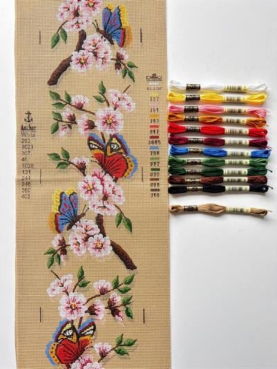 25x100 cm Kelebek ve Çiçek Desenli DMC Muline İplikli Goblen Kiti