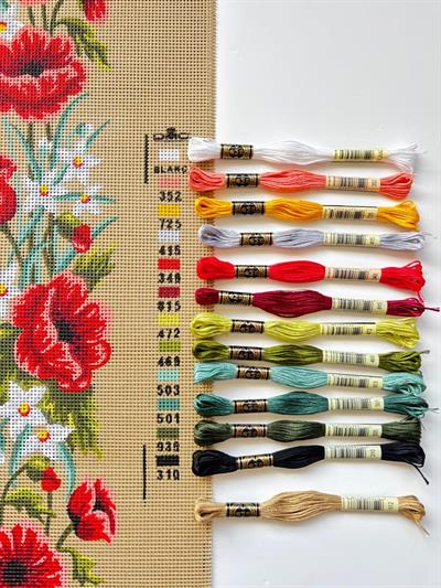 25x100 cm Kırmızı Çiçek Desenli DMC Muline İplikli Goblen Kiti