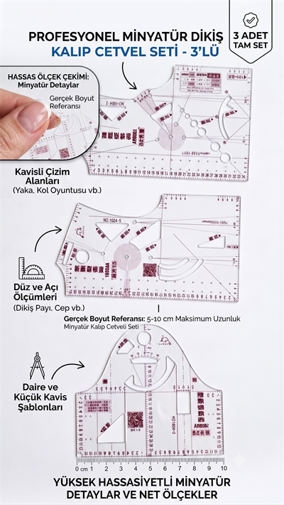 3lü Şeffaf Minyatür Dikiş ve Kalıp Cetveli Seti - 1:5 Ölçekli Oyuntu ve Çizim Şablonu (Amigurumi, Oyuncak Bebek ve Hobi Uyumlu)