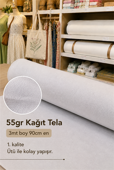 55gr Kağıt Tela 3mt Boy 90cm En, Beyaz Ultra Kalın Tela, Ütü ile Kolay Yapışır, Elbise, Çanta Telası