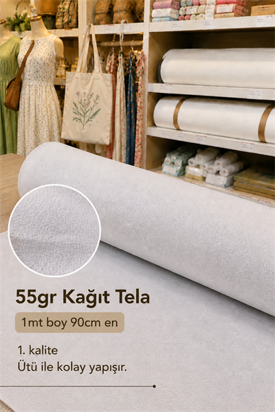 55gr Kağıt Tela 90cm En, Beyaz Hobi Telası, Ütü ile Kolay Yapışır, Elbise, Çanta Telası 1 Metre