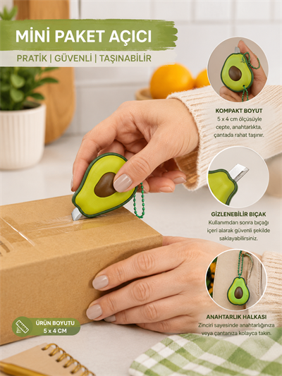 Avokado Mini Paket Açıcı | Gizlenebilir Bıçaklı Anahtarlıklı Koli ve Kargo Açıcı | Mini Maket Bıçağı | 5x4 cm