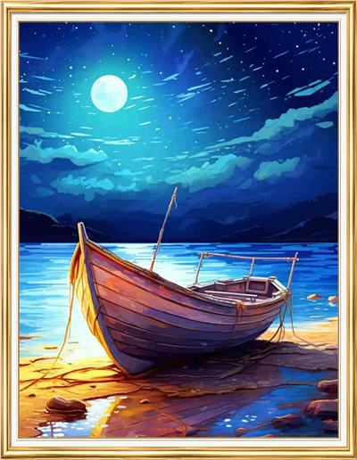 Elmas Boyama Puzzle Kit, Ay Işığında Kıyıdaki Sandal 40x50 cm Mozaik