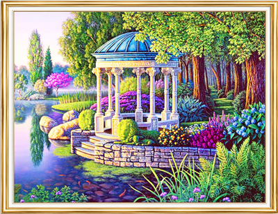 Elmas Boyama Puzzle Kit, Bahçede Beyaz Çardak 50x65 cm Mozaik