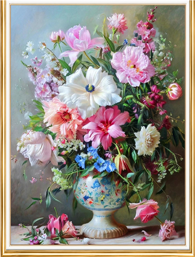 Elmas Boyama Puzzle Kit, Beyaz Porselen Vazoda Kır Çiçekleri 30x40 cm Mozaik