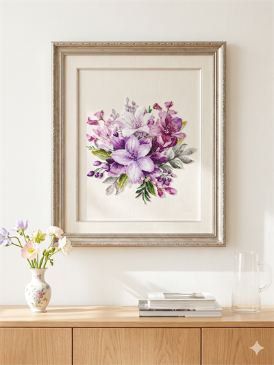 Boncuk İşleme Kiti  30 x40 Yapraklı Mor Çiçek