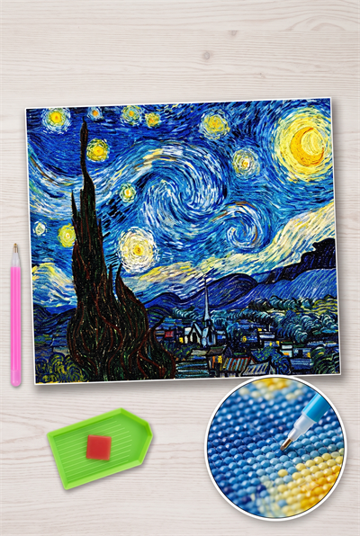 Elmas Mozaik Puzzle, Elmas Boyama Boncuk İşleme Kiti 50 x 65 Yıldızlı Gece Van Gogh