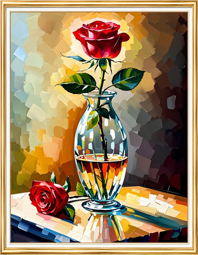 Elmas Boyama Puzzle Kit, Cam Vazoda Kırmızı Gül 40x50 cm Mozaik