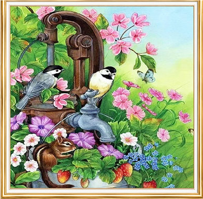 Elmas Boyama Puzzle Kit, Çeşme Başında Kuşlar ve Sincap 30x30 cm Mozaik