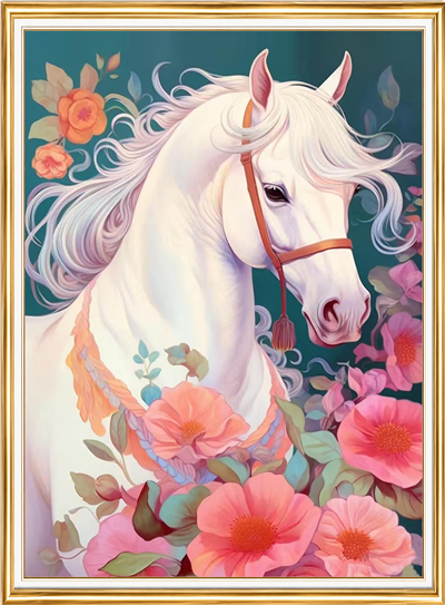 Elmas Boyama Puzzle Kit, Çiçekler Arasında Beyaz At 30x40 cm Mozaik