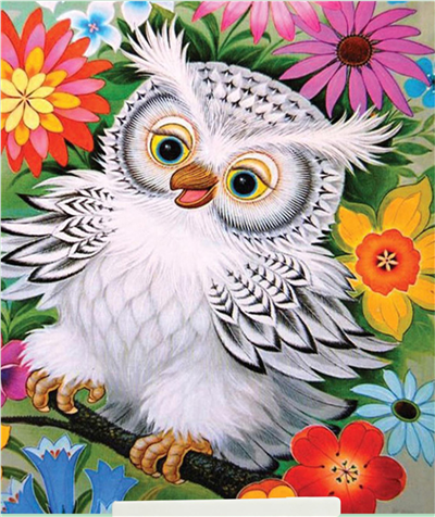 Elmas Boyama Puzzle Kit, Çiçekler Arasında Beyaz Baykuş 21x25 cm Mozaik