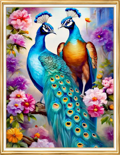 Elmas Boyama Puzzle Kit, Çiçekler Arasında İki Tavus Kuşu 40x50 cm Mozaik