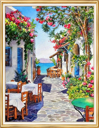 Elmas Boyama Puzzle Kit, Çiçekli Akdeniz Sokağı 40x50 cm Mozaik
