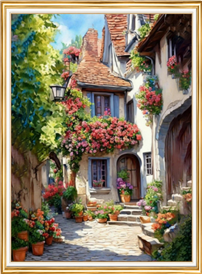 Elmas Boyama Puzzle Kit, Çiçekli Taş Sokak 30x40 cm Mozaik