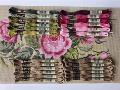 Pembe Güllü Goblen Kiti, DMC Muline İplikli Set 25x100