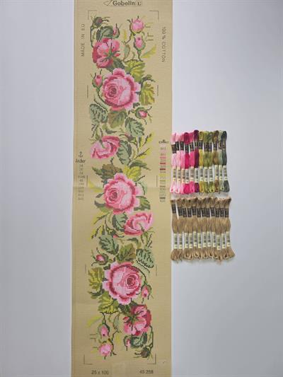 Pembe Güllü Goblen Kiti, DMC Muline İplikli Set 25x100