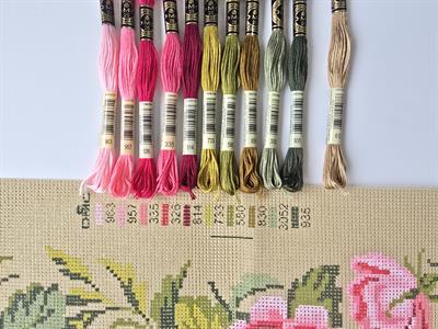 Pembe Güllü Goblen Kiti, DMC Muline İplikli Set 25x100