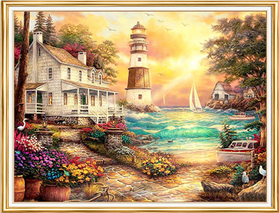 Elmas Boyama Puzzle Kit, Deniz Feneri ve Çiçekli Sahil Evi 50x65 cm Mozaik