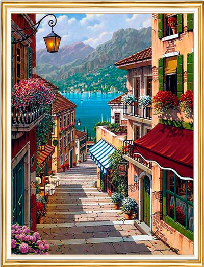 Elmas Boyama Puzzle Kit, Deniz Manzaralı Taş Merdivenli Sokak 50x65 cm Mozaik