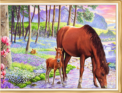 Elmas Boyama Puzzle Kit, Dere Kenarında At ve Tayı 30x40 cm Mozaik