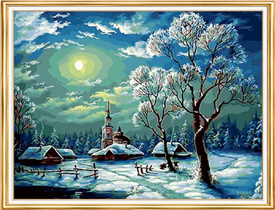 Elmas Boyama Puzzle Kit, Dolunayda Karlı Köy 50x65 cm Mozaik